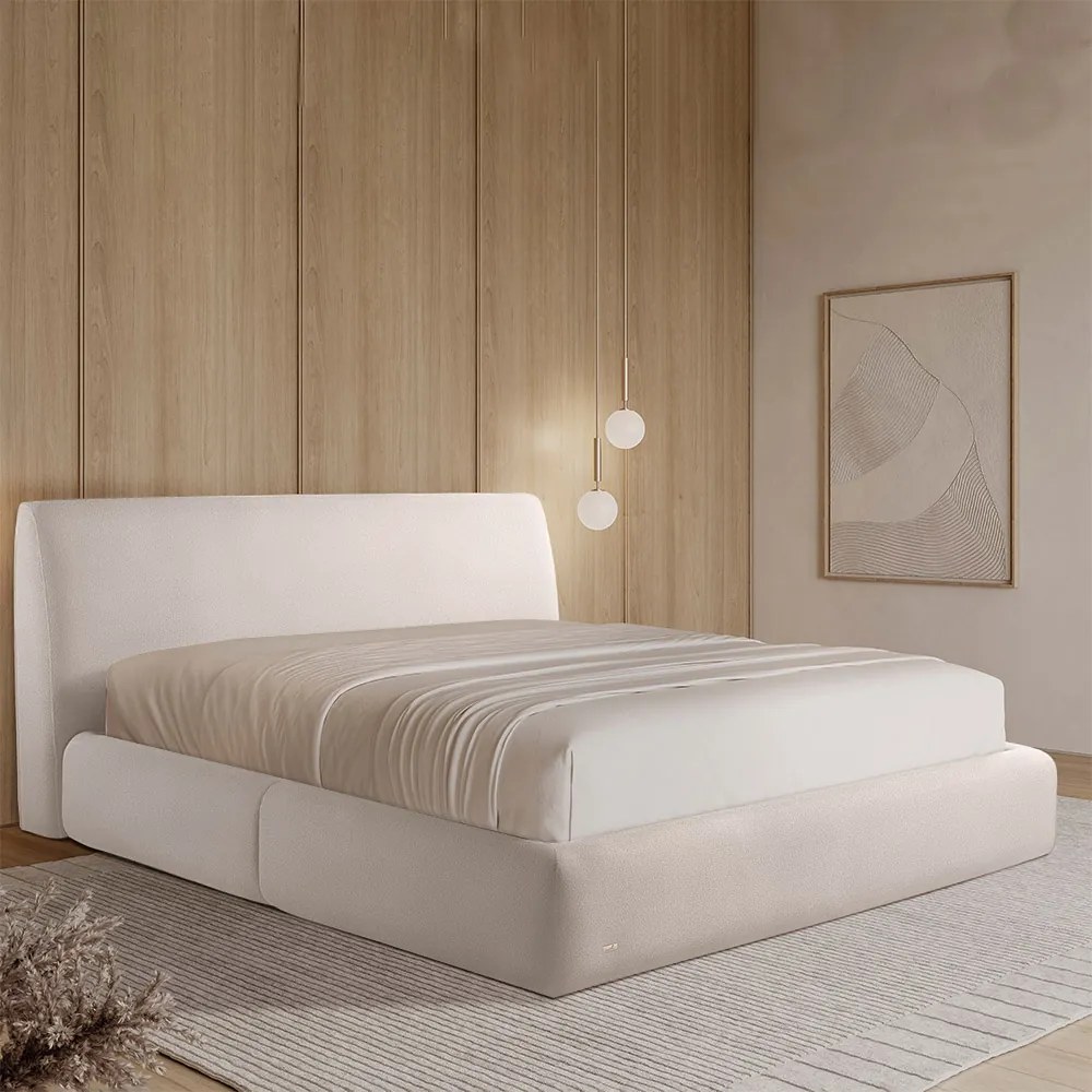 Cama com Cabeceira Pagani Queen Base no Chão Bouclê Branco G92 - Gran Belo