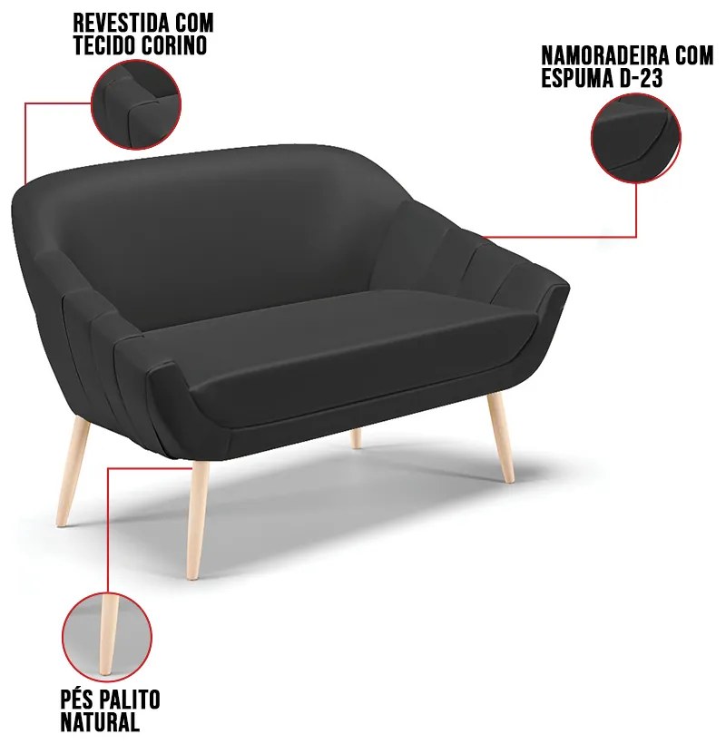 Kit 01 Namoradeira 02 Lugares e 02 Poltronas Giovana Corino Pés Palito Natural D01 - D?Rossi - Preto
