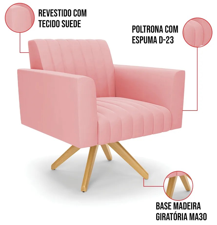 Kit 2 Poltronas Giratória Viena Gomada Suede Base de Madeira MA30 D03 - D'Rossi - Rose