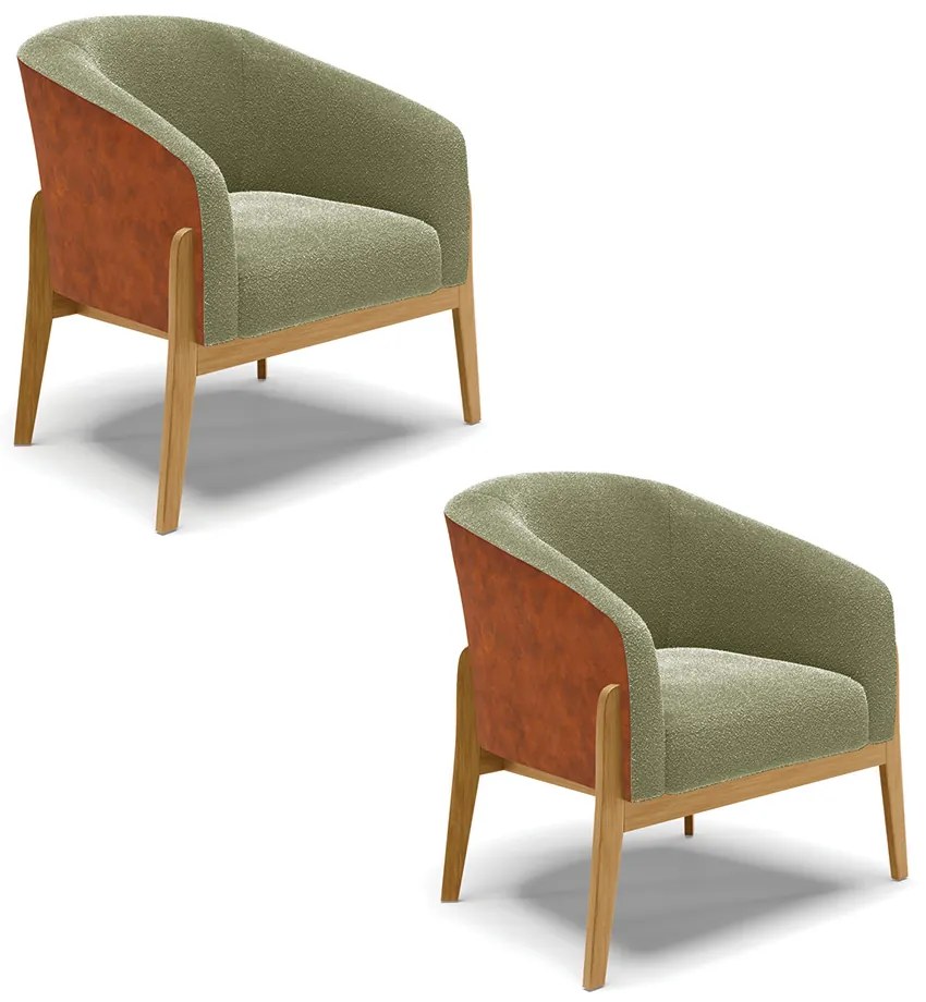 Poltrona Decorativa Base Madeira Kit 2 Stella PU Nozes/Bouclê D03 - D'Rossi - Pistache