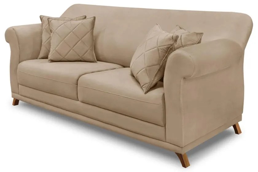 Sofá Decorativo 220cm 3 Lugares com 4 Almofadas Armstrong Suede Bege G63 - Gran Belo