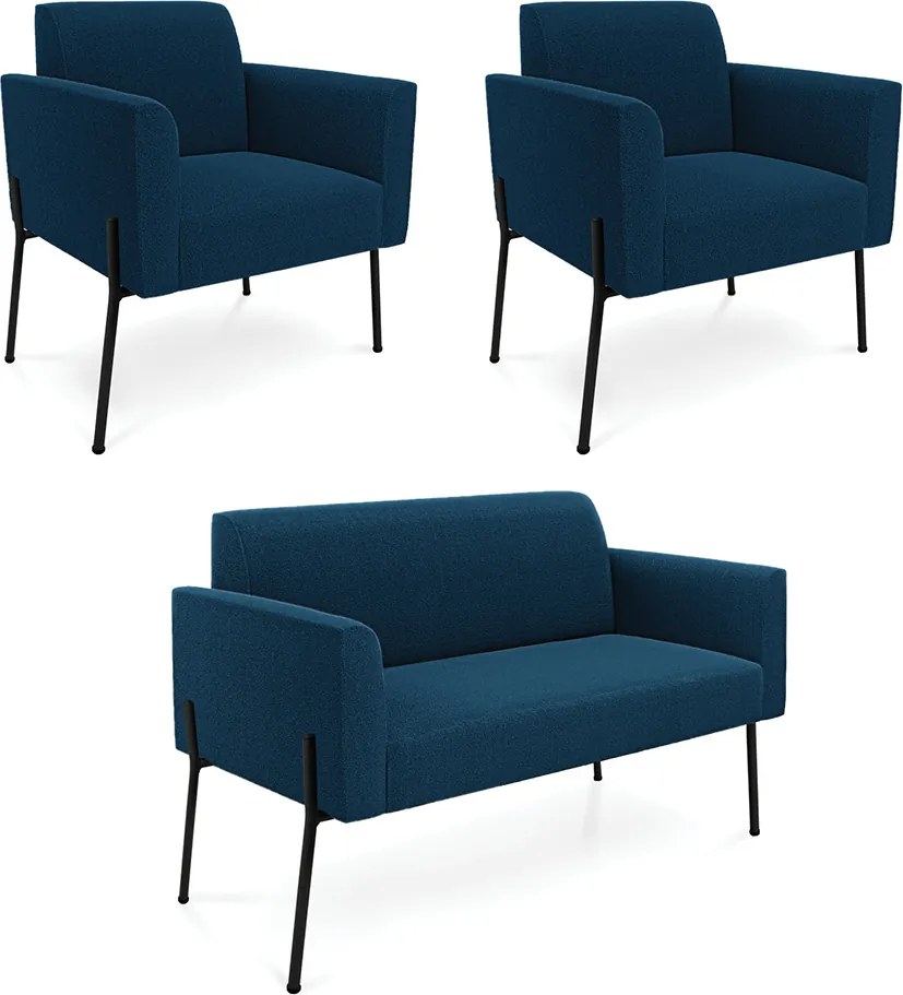 Namoradeira e 2 Poltronas Pé Ferro Preto Marisa Bouclê Azul D03 - D'Rossi