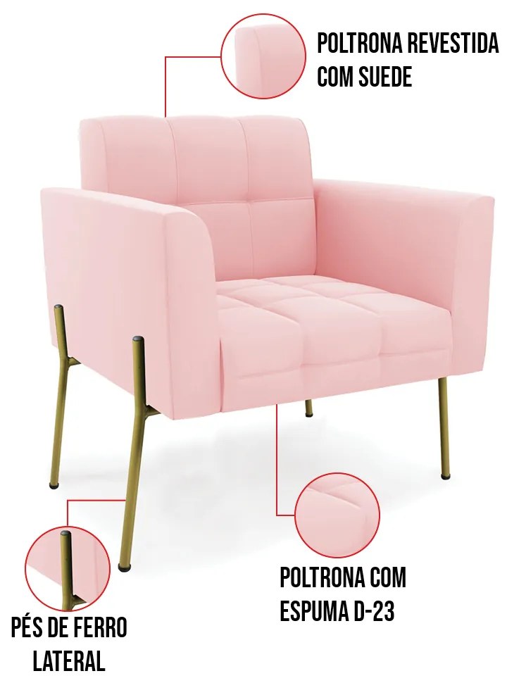 Poltrona Pé de Ferro Dourado para Sala Elisa Suede D03 - D'Rossi - Rosa Bebê