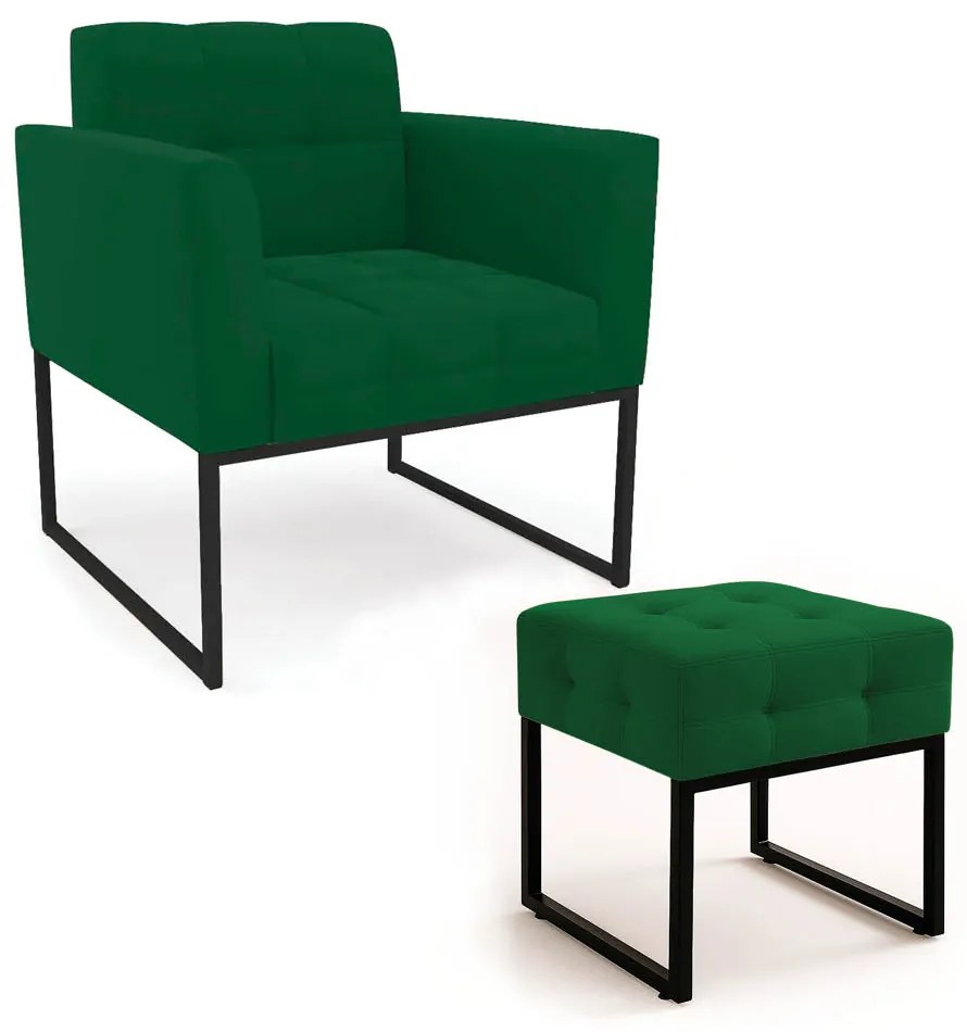 Poltrona Sala e Puff Decorativo Industrial Elisa Veludo D03 - D'Rossi - Verde