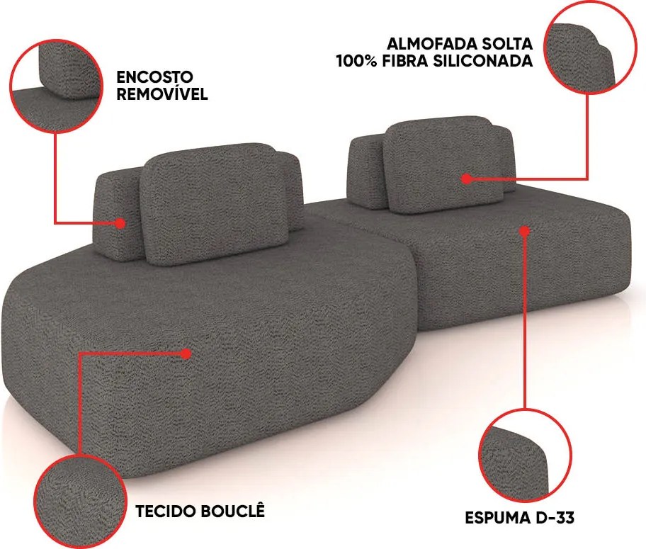 Sofá 2 Lugares Orgânico com Chaise e 1 Módulo Central Berlim Bouclê Grafite K01 - D'Rossi