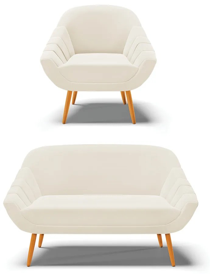 Kit 01 Namoradeira 02 Lugares e 01 Poltrona Giovana Veludo Bege Pés Palito Castanho - Indo Decorar
