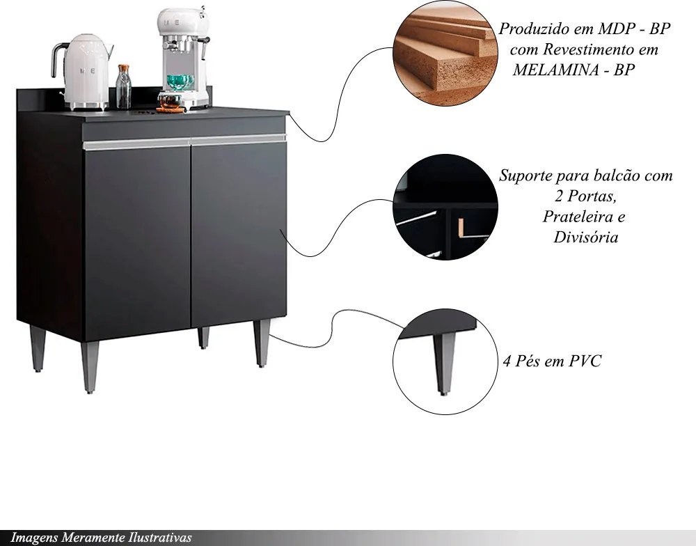 Conjunto Balcão de Cozinha com Tampo Papin MDP/BP Preto G96 - Gran Belo