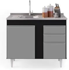 Balcão Gabinete 100cm Sem Tampo 2 Portas 2 Gavetas Luziania Preto/Cinz