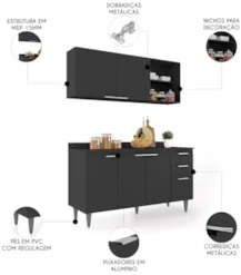 Armário de Cozinha Com Tampo CP01 150cm Pérola Preto Z34 - Mpozen