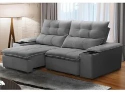 Sofá Retrátil 3 Lugares com Porta Copo 210cm Malta F05 Veludo Cinza -