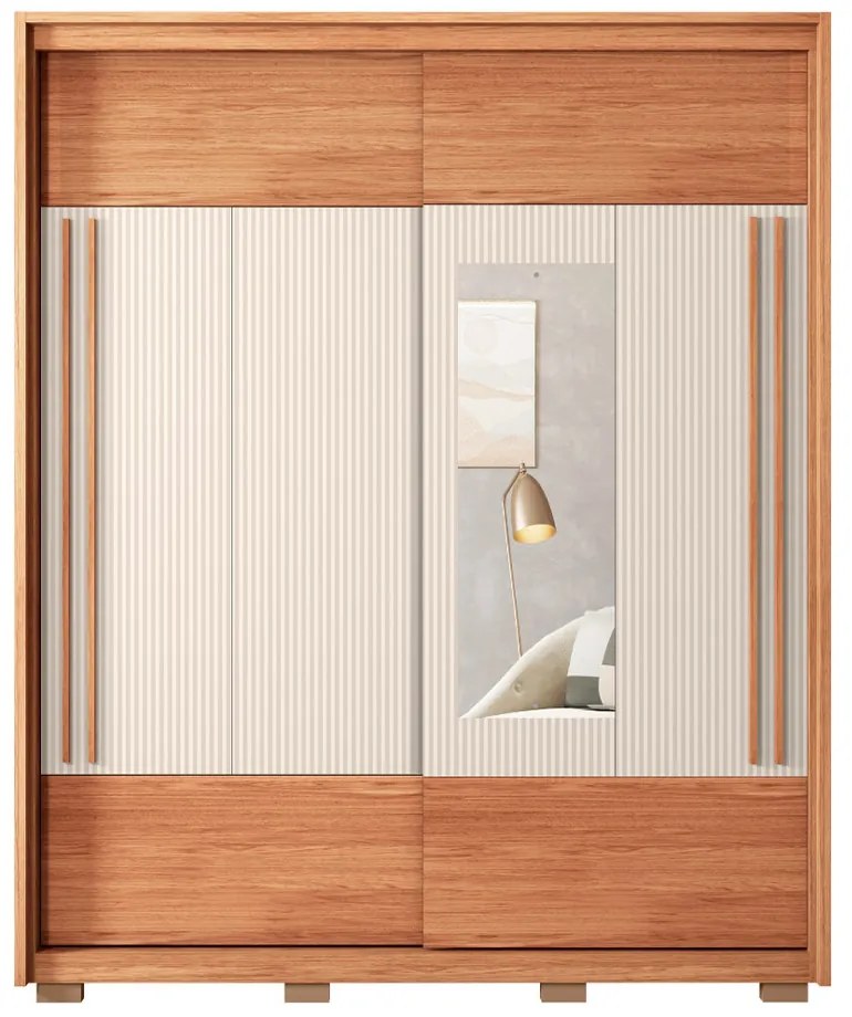 Guarda Roupa Solteiro Polônia Ripado 2 Portas de Correr com Espelho 3 Gavetas Ripado MDF Freijo/OffWhite/Sued G11- Gran Belo