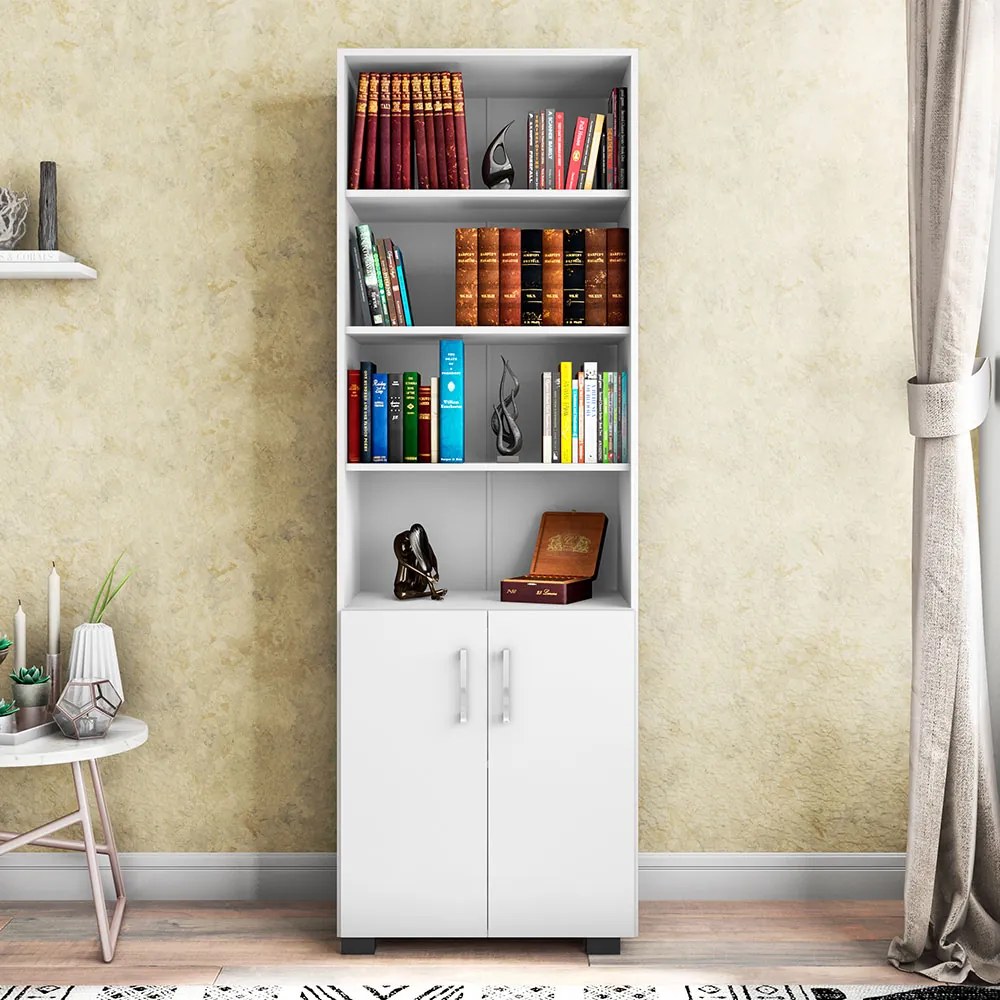 Estante de Livros para Escritório Home Office Portas Pequenas Alf Branco Texturizado G47 - Gran Belo