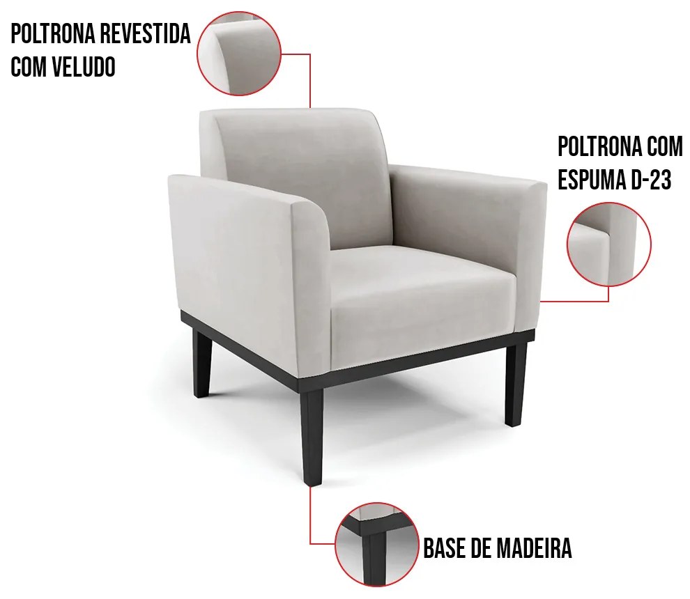 Kit 2 Poltronas Base de Madeira Fixa Preto Marisa Veludo D03 - D'Rossi - Cinza