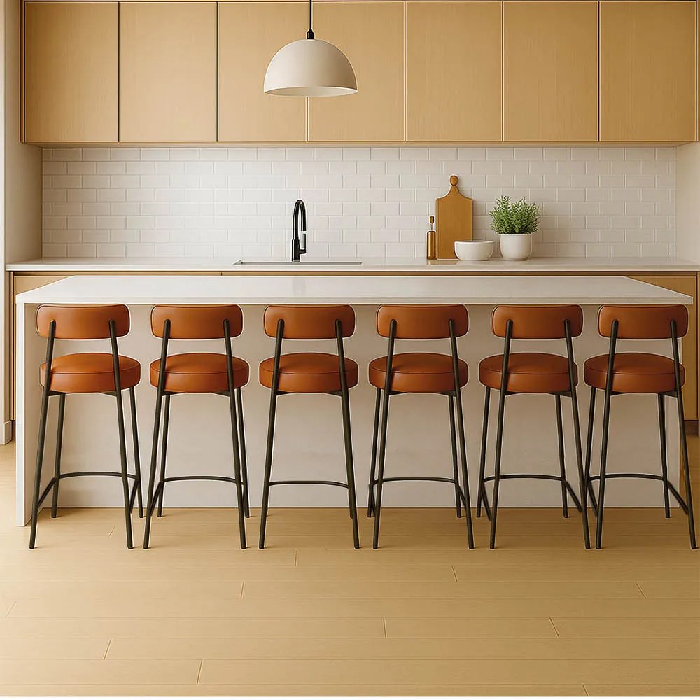 Banqueta Cozinha Alta com Encosto Industrial Preto Kit 6 Londres PU D03 - D'Rossi - Nozes