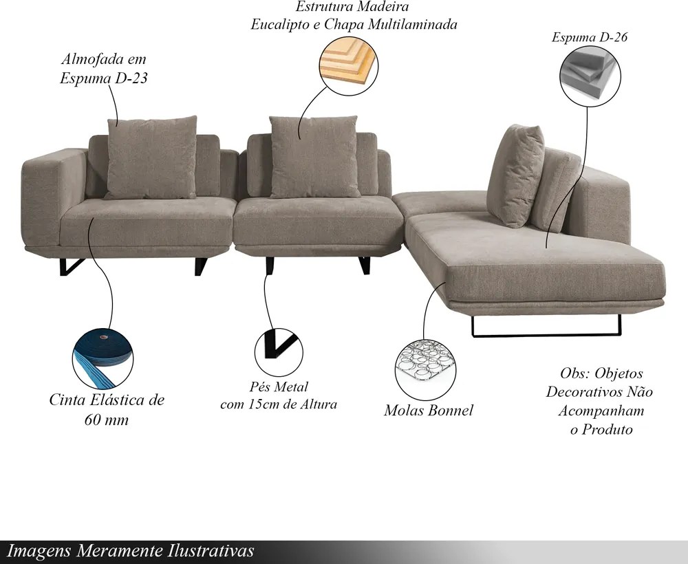 Sofá Modulado Sala de Estar Carmen 472cm Pés de Ferro Linho Rústico Castor G92 - Gran Belo