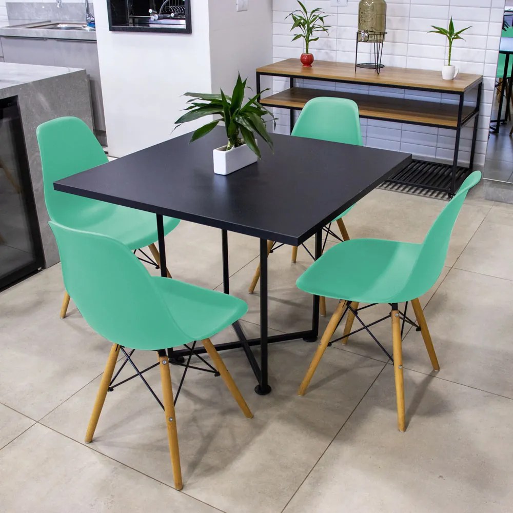 Kit 04 Cadeiras Eiffel Azul Turquesa e 01 Mesa de Jantar 04 Lugares Jade 90 cm Preto Base Metálica Industrial Preto - D'Rossi