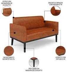 Sofá Namoradeira e 2 Poltronas Base Madeira Preto Maressa Sintético PU