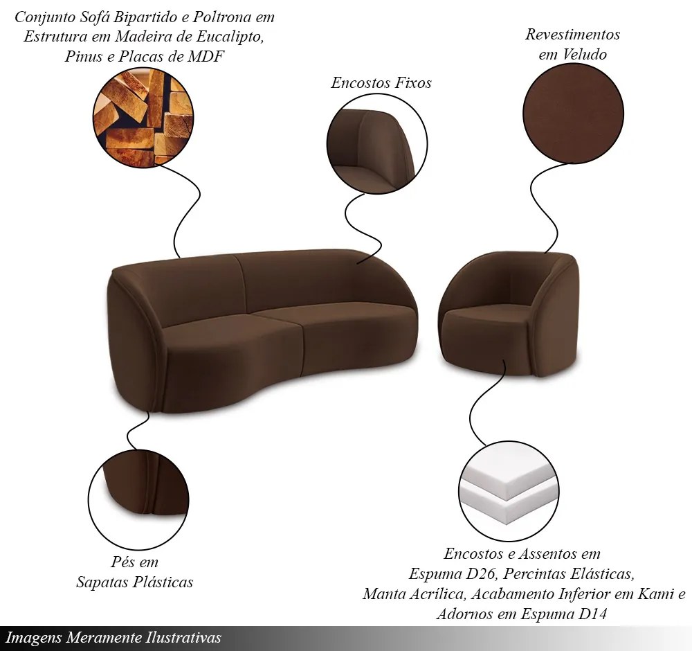 Conjunto Sofá Sala de Estar Bipartido 318cm e 2 Poltronas Clarke Veludo Marrom G45 - Gran Belo