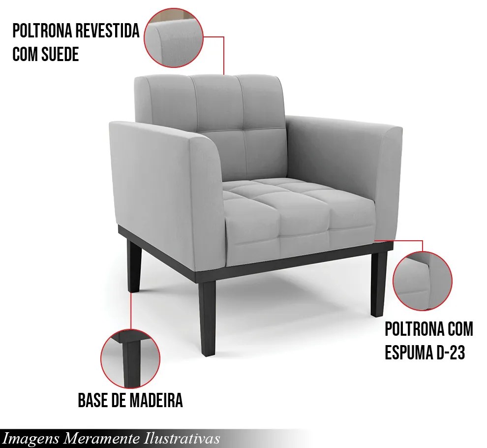 Kit 2 Poltronas Decorativas Karen Pés Fixo em Madeira Preto Suede Cinza G19 - Gran Belo