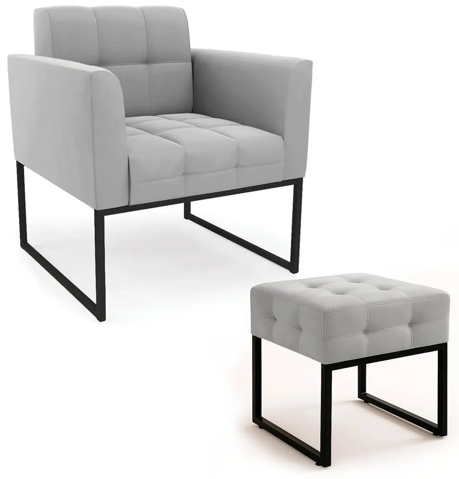 Poltrona Sala e Puff Decorativo Industrial Elisa Suede D03 - D'Rossi - Cinza
