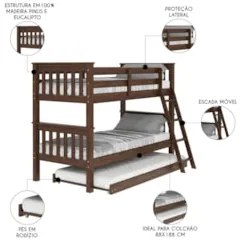 Treliche Solteiro Juvenil com Escada Móvel Joy Z40 Castanho Acetinado