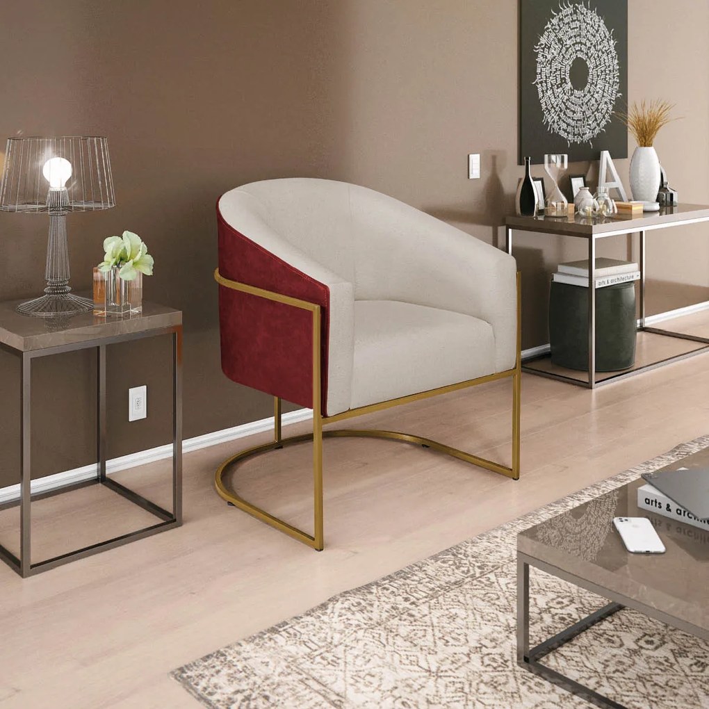 Poltrona Luiza Base de Ferro Dourado Factor Vermelho e Linho - ADJ Decor