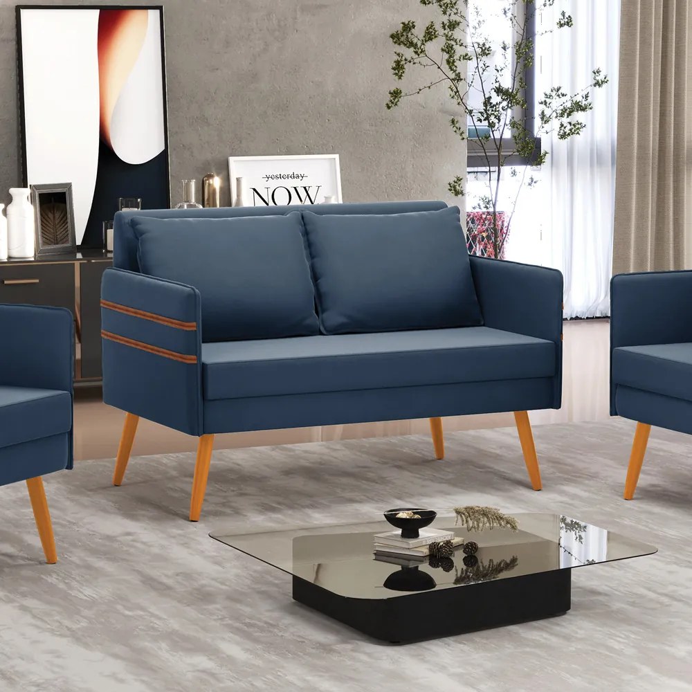 Namoradeira 02 Lugares Mari Suede Pés Palito Castanho - D'Rossi - Azul Marinho
