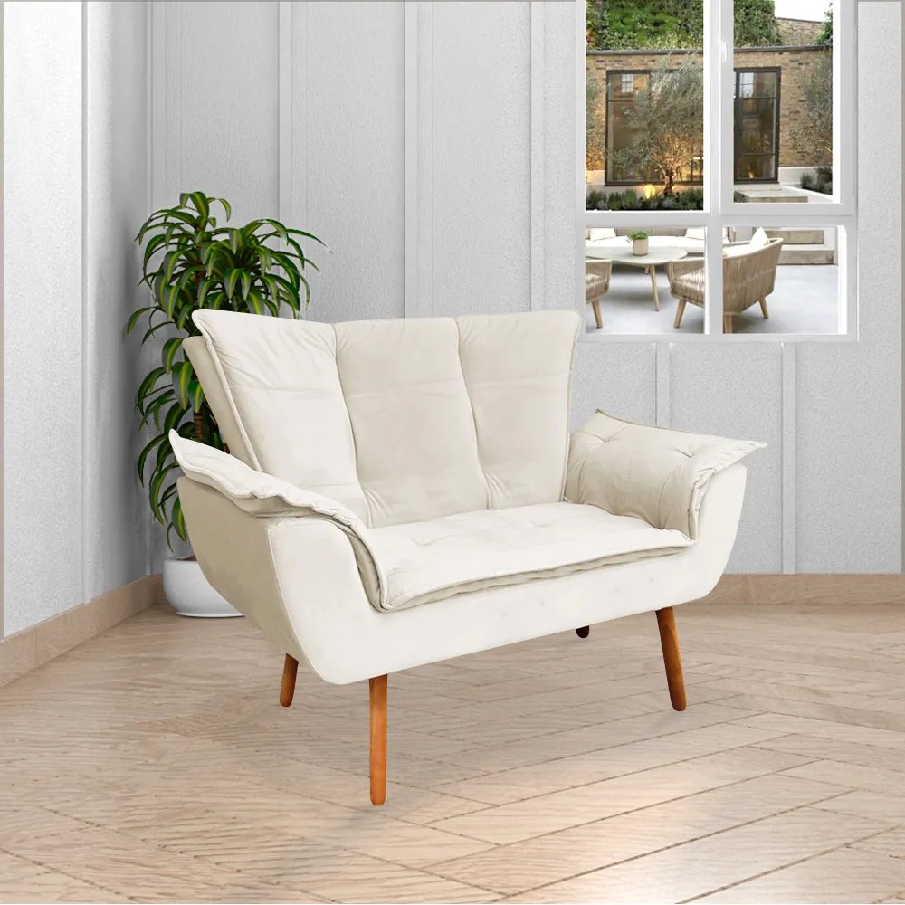 Conjunto 2 Poltronas e 1 Namoradeira Pés Palito Charger Veludo Bege G19 - Gran Belo