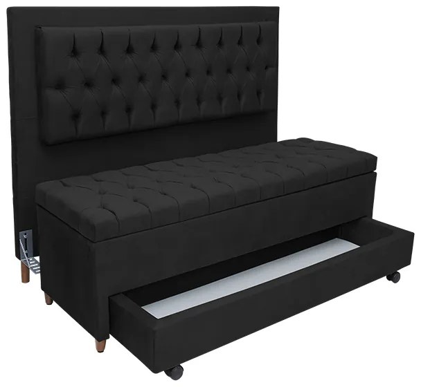 Cabeceira com Calçadeira Baú Casal 140cm Paris Capitonê Suede Preto - Sheep Estofados - Preto