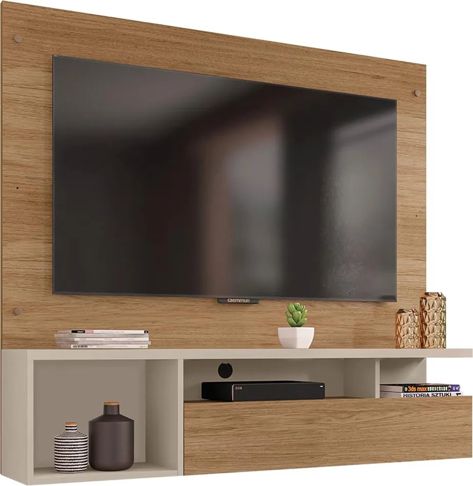 Painel Luci Nichos Decorativos 136cm para TV até 55 com Porta Basculante MDP Buriti/OffWhite G11 Gran Belo