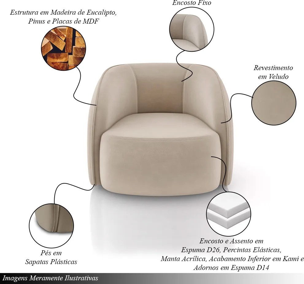 Kit 2 Poltronas Decorativas Sala de Estar Clarke Veludo Bege G45 - Gran Belo