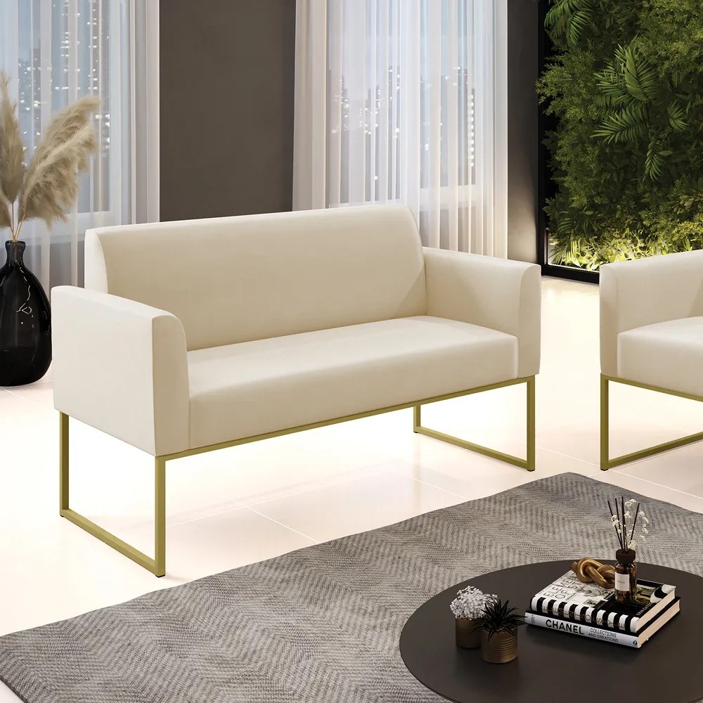 Sofá Namoradeira Base Industrial Dourado Marisa Suede D03 - D'Rossi - Bege