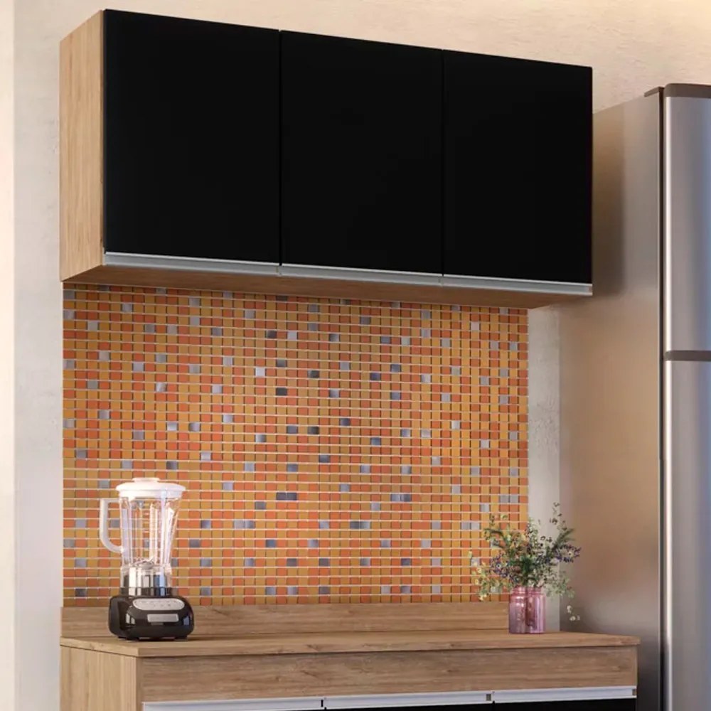 Armário Aéreo de Cozinha Lavanderia 03 Portas Tina 120 cm L06 - D'Rossi - Castanho e Preto