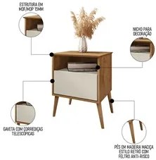 Mesa de Cabeceira Kit 2 45cm 1 Gaveta Caribe B02 Naturalle/Off White -