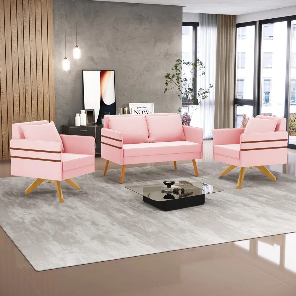 Kit 01 Namoradeira 02 Lugares e 02 Poltronas Mari Suede Base de Madeira MA30 - D'Rossi - Rosa Bebê