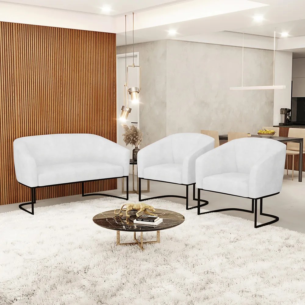 Namoradeira e 2 Poltronas Industrial  Preto Stella Sintético PU D03 - D'Rossi - Branco
