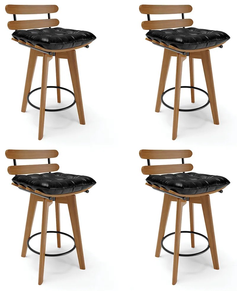 Kit 04 Banquetas Giratória Costela Corano Base Madeira MA70 - D'Rossi - Preto