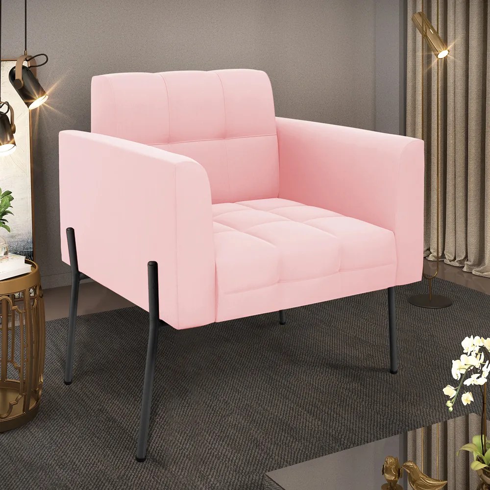 Poltrona Pé de Ferro Preto para Sala Elisa Suede - D'Rossi - Rosa Bebê