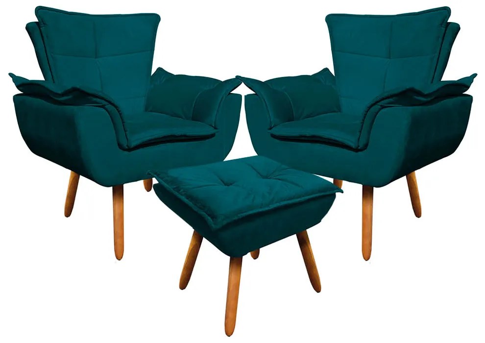 02 Poltronas e 01 Puff Pé Palito de Madeira Opala Suede - Azul Pavão