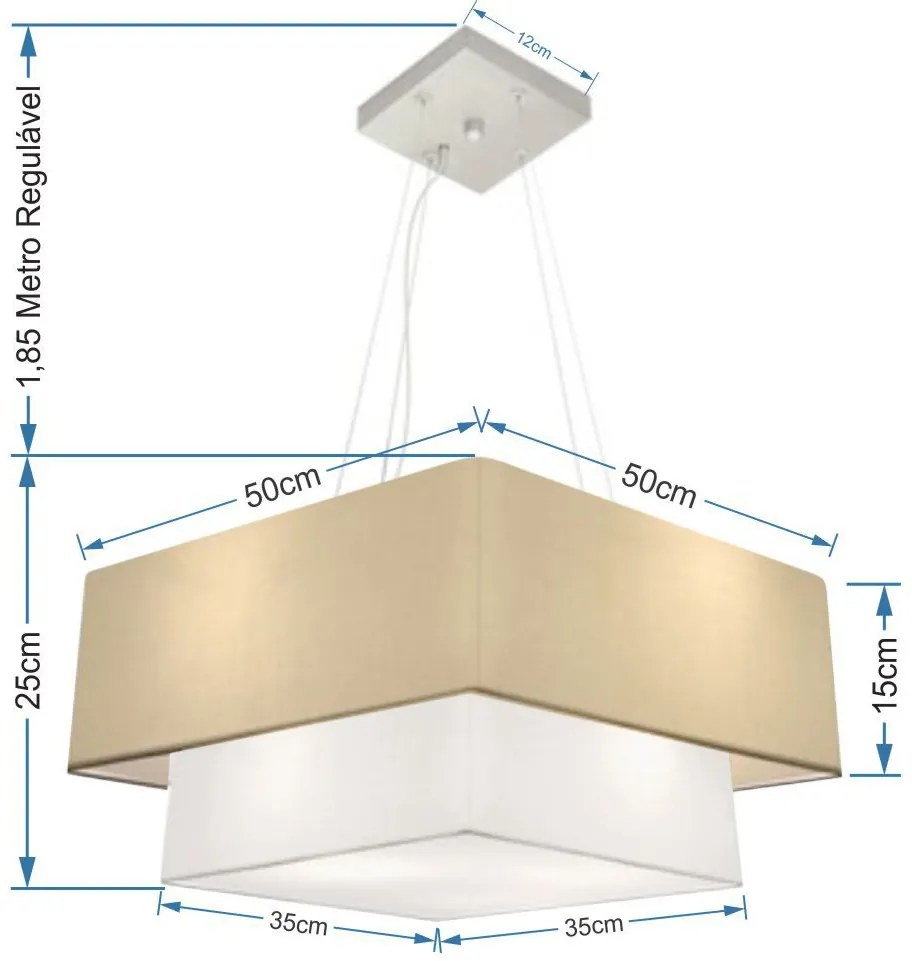 Lustre Pendente Duplo Quadrado Vivare Md-4066 Cúpula em Tecido 50x35cm Algodão Crú / Branco - Bivolt