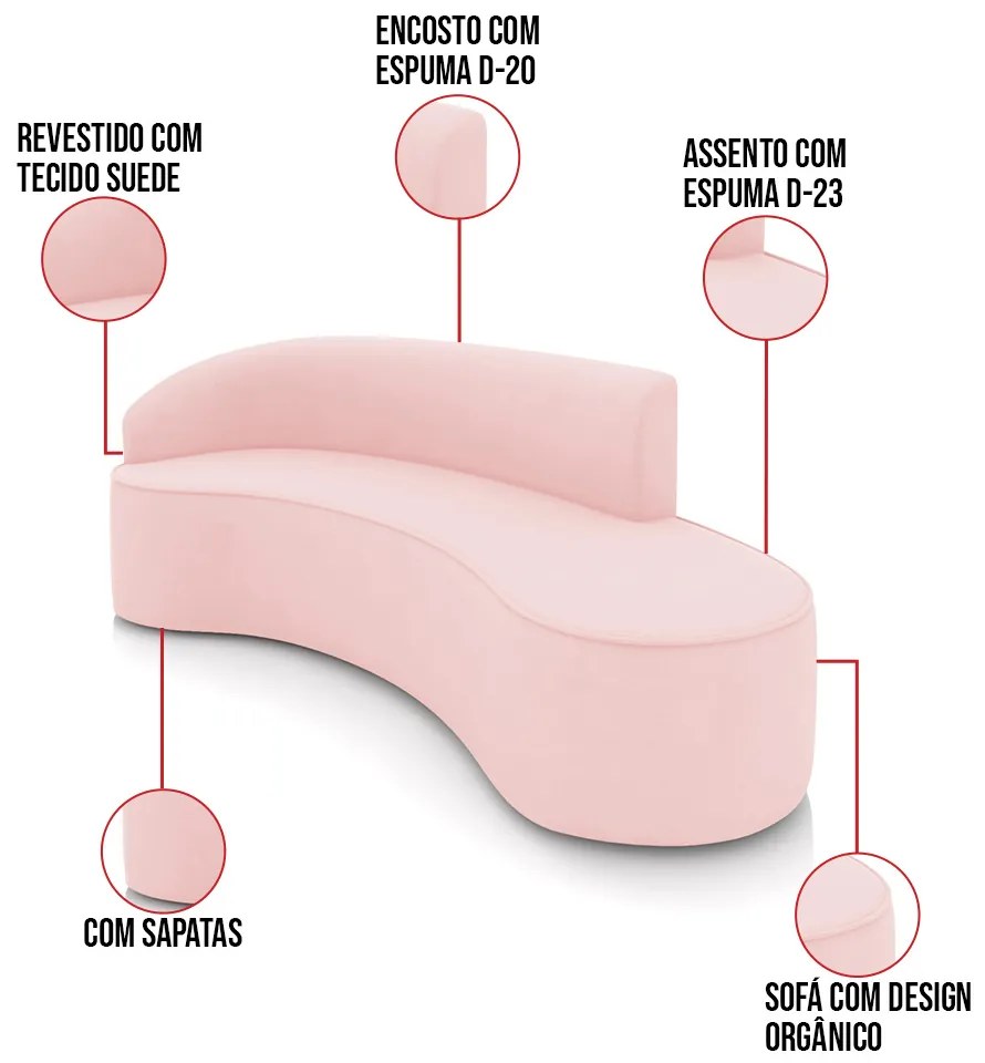 Sofá 4 Lugares Orgânico 220cm Morgan e 2 Poltronas Lua Suede D03 - D'Rossi - Rosa Bebê