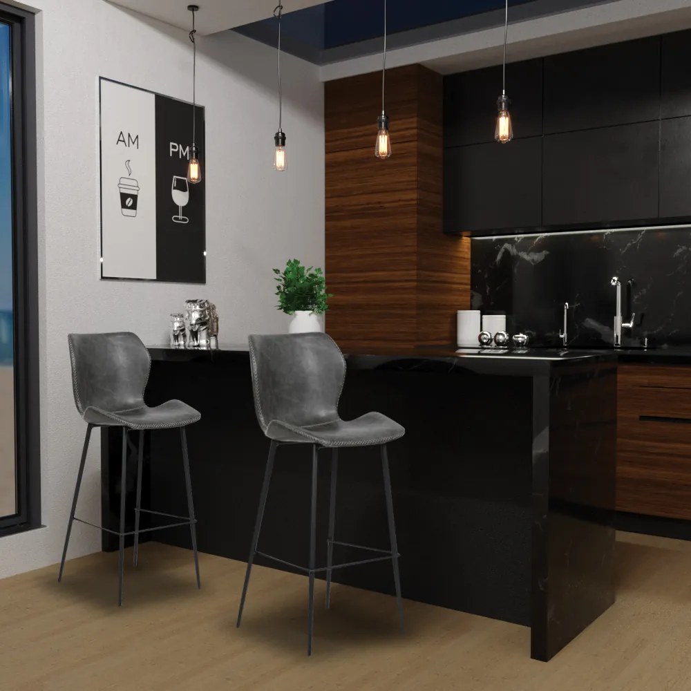 Banqueta Base Aço Fixa Naboo PU Cinza Chumbo G56 - Gran Belo