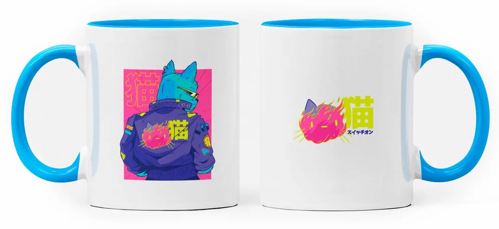 Caneca Cyberpunk Cat Nerd Branca com Alça Azul Clara