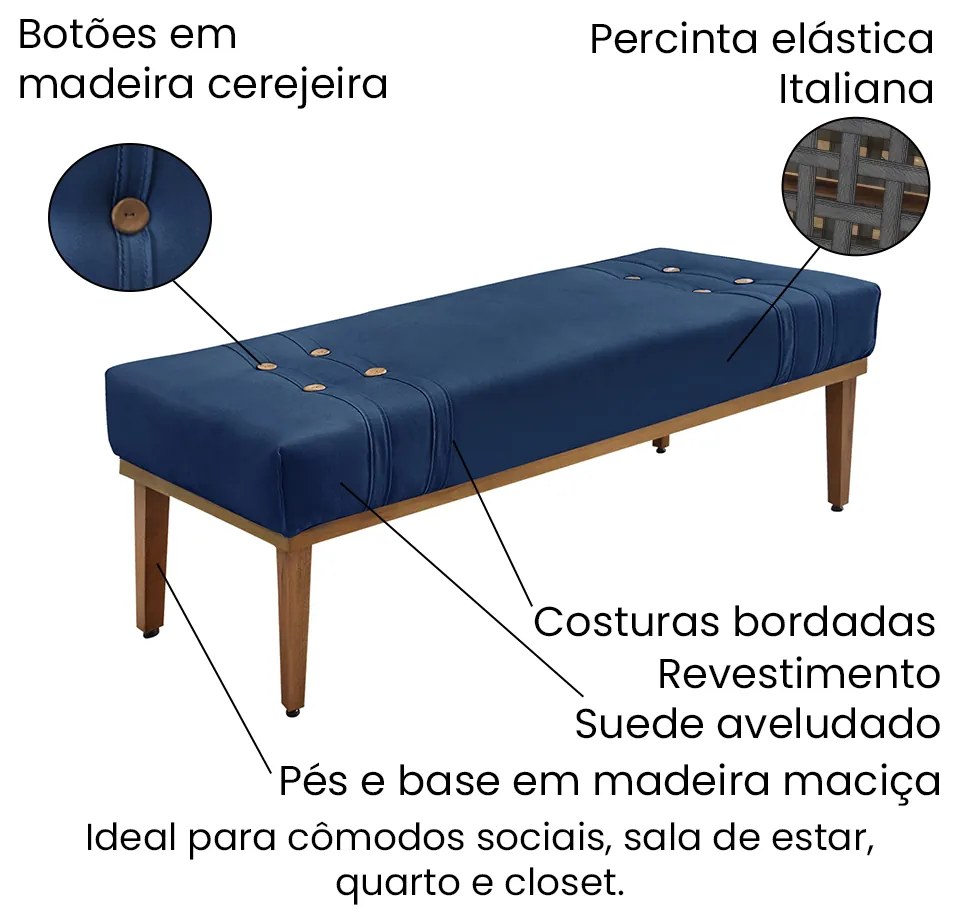 Divã Recamier Banco Base Madeira para Quarto Gênova 195cm Suede S04 - D'Rossi - Azul Marinho