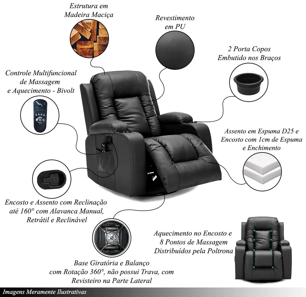 Cadeira com Massagem Poltrona do Papai Giratória Reclinável Manual Austin Aquecimento PU Preta G94 - Gran Belo