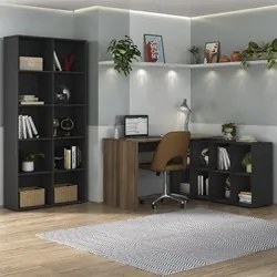 Mesa Escrivaninha em L Eron e Estante Livreiro 90x187cm Lean A06 Ipê/P