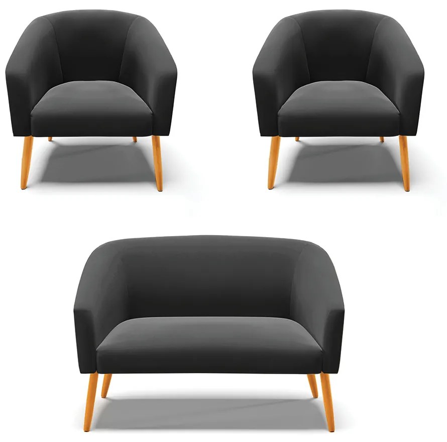 Namoradeira e 2 Poltronas Pé Palito Castanho Stella Suede D03 - D'Rossi - Preto