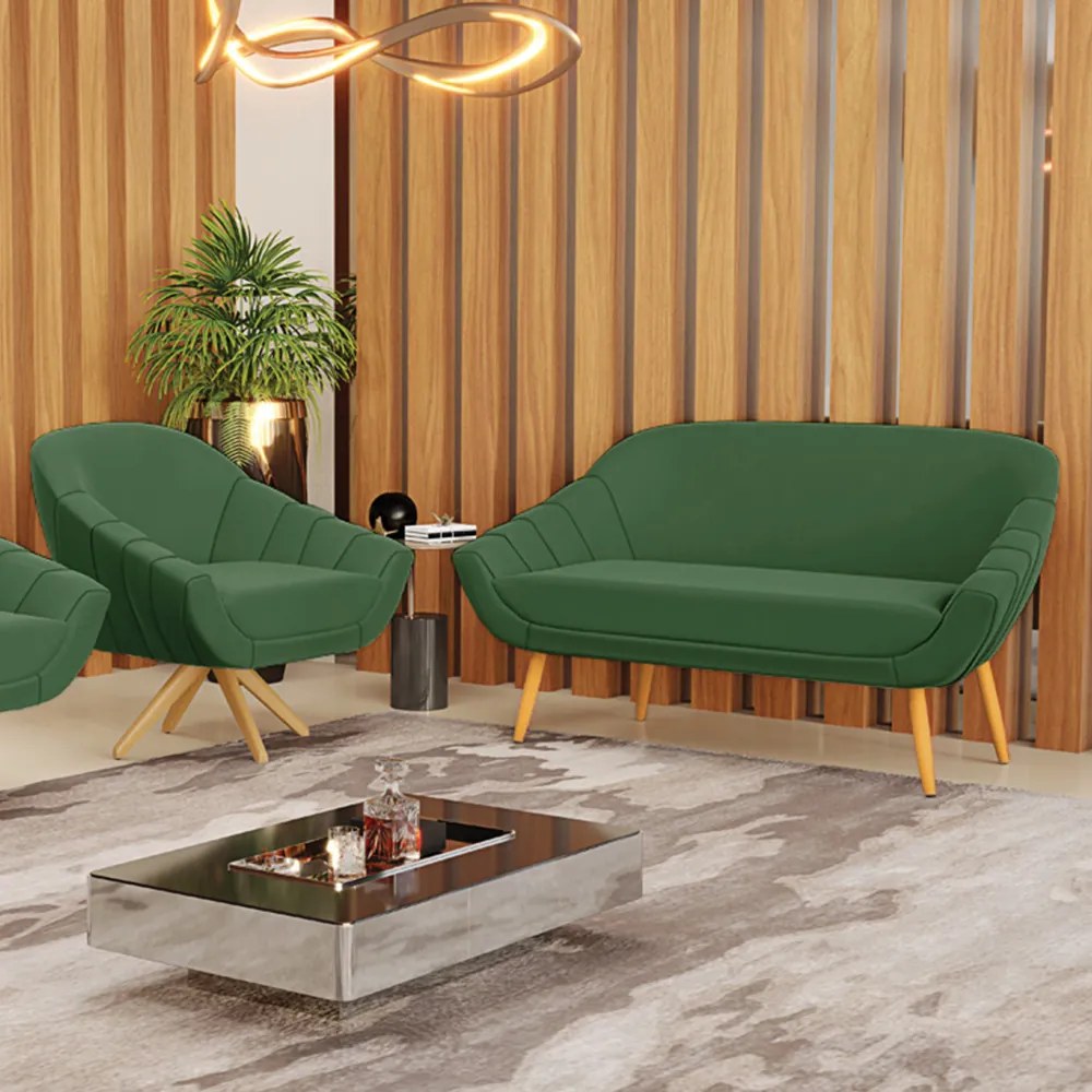 Kit 01 Namoradeira 02 Lugares e 01 Poltrona Giratória Giovana Suede Base Madeira MA30 - D'Rossi - Verde
