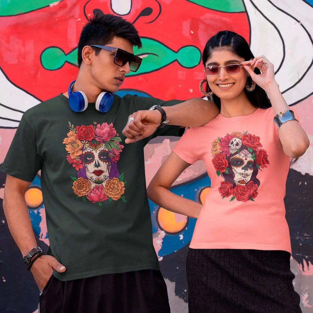 Camiseta Unissex Caveira Mexicana Mulher Dia de Los Muertos 2 - Preto - XGG