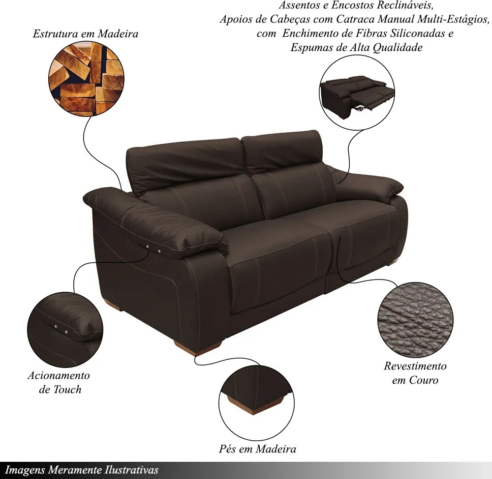 Sofá Elétrico Reclinável Sala de Estar Concepción U076 224cm Modulado Botão Touch Couro Marrom G49 - Idea Relax By Natuzzi Group